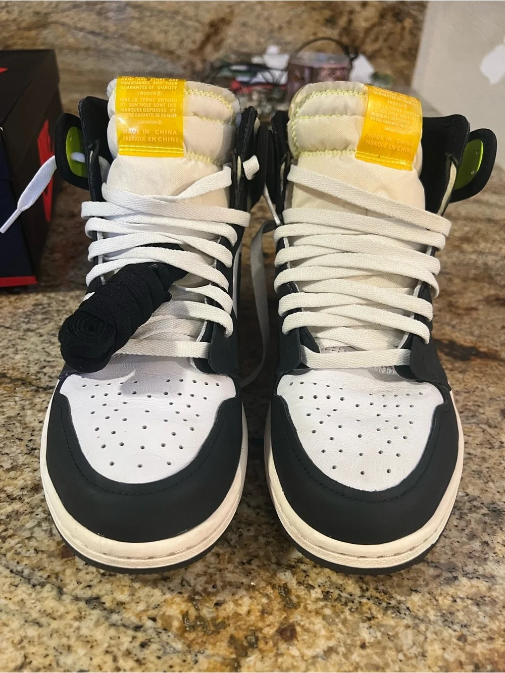 Jordan High-Top Sneakers in White, Black, Yellow & Neon Green